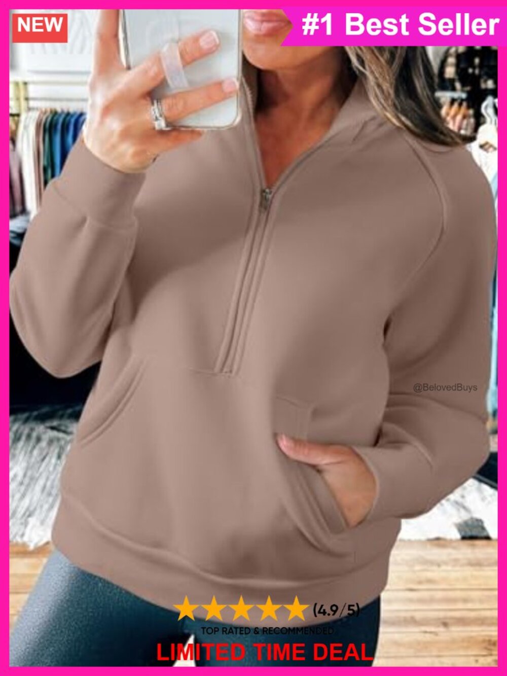 Half Zip Hoodie Pullover Sweatshirt Cotton Polyester Pockets Long Sleeve - Picture 3 of 6